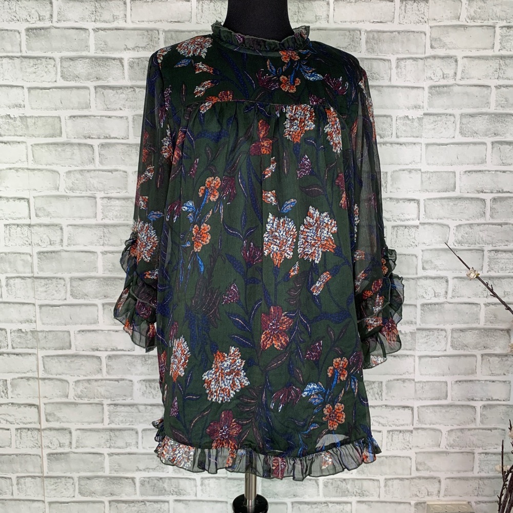 Suzanne Betro Floral Lined Ruffle Sheer Sleeve Top